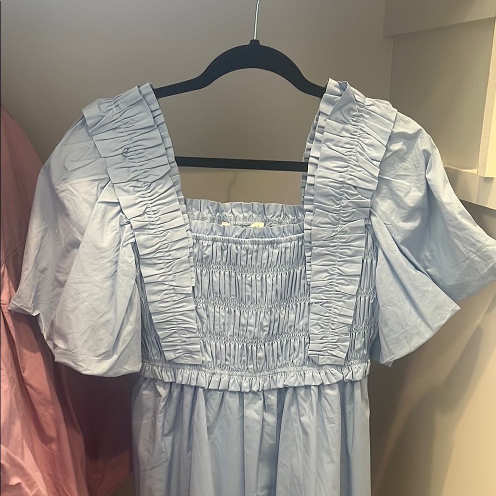 English Factory Light Blue Smocked Dress with Ruffle Sleeves